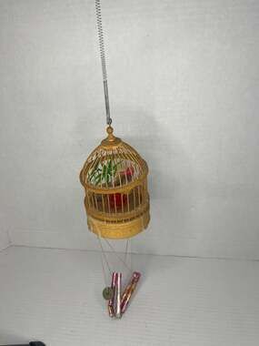 Vintage Battery Operated Chirping Birds in Bamboo Style Cage Wind Chime
